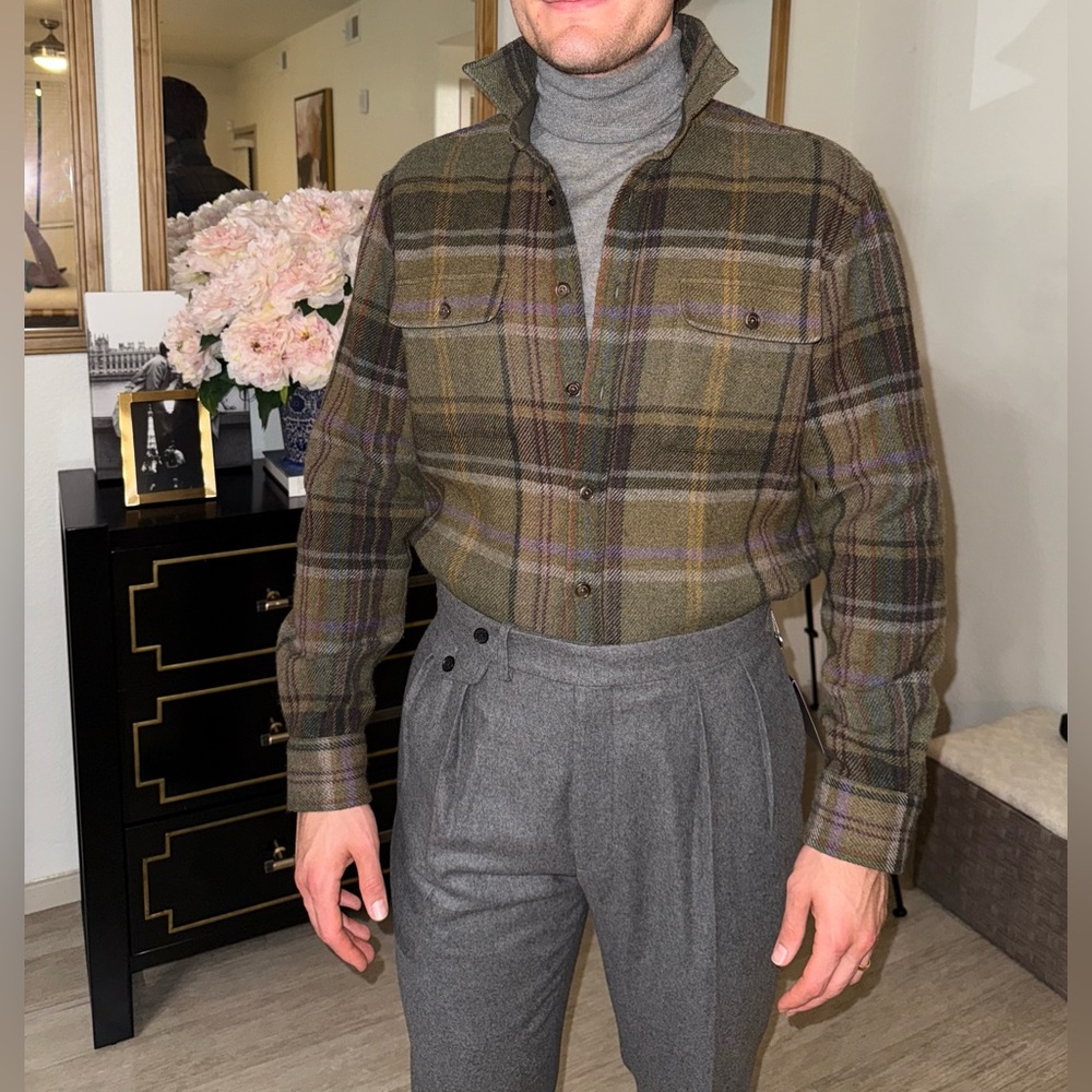 RALPH LAUREN PURPLE LABEL GREEN PLAID WOOL CASHMERE SHIRT